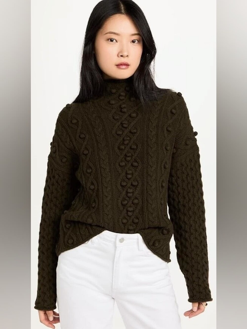 Theory Mixed Cable Knit Pullover Sweater Wool Cashmere Green Size M Mock Neck